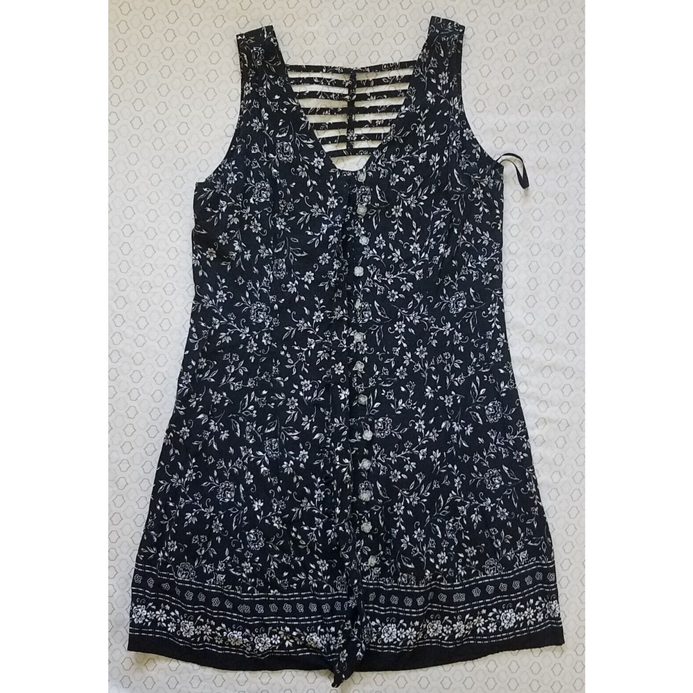 Vtg 1990s Fashion Bug Black Ditsy Floral Print Button Front Laced Shirt Dress 14